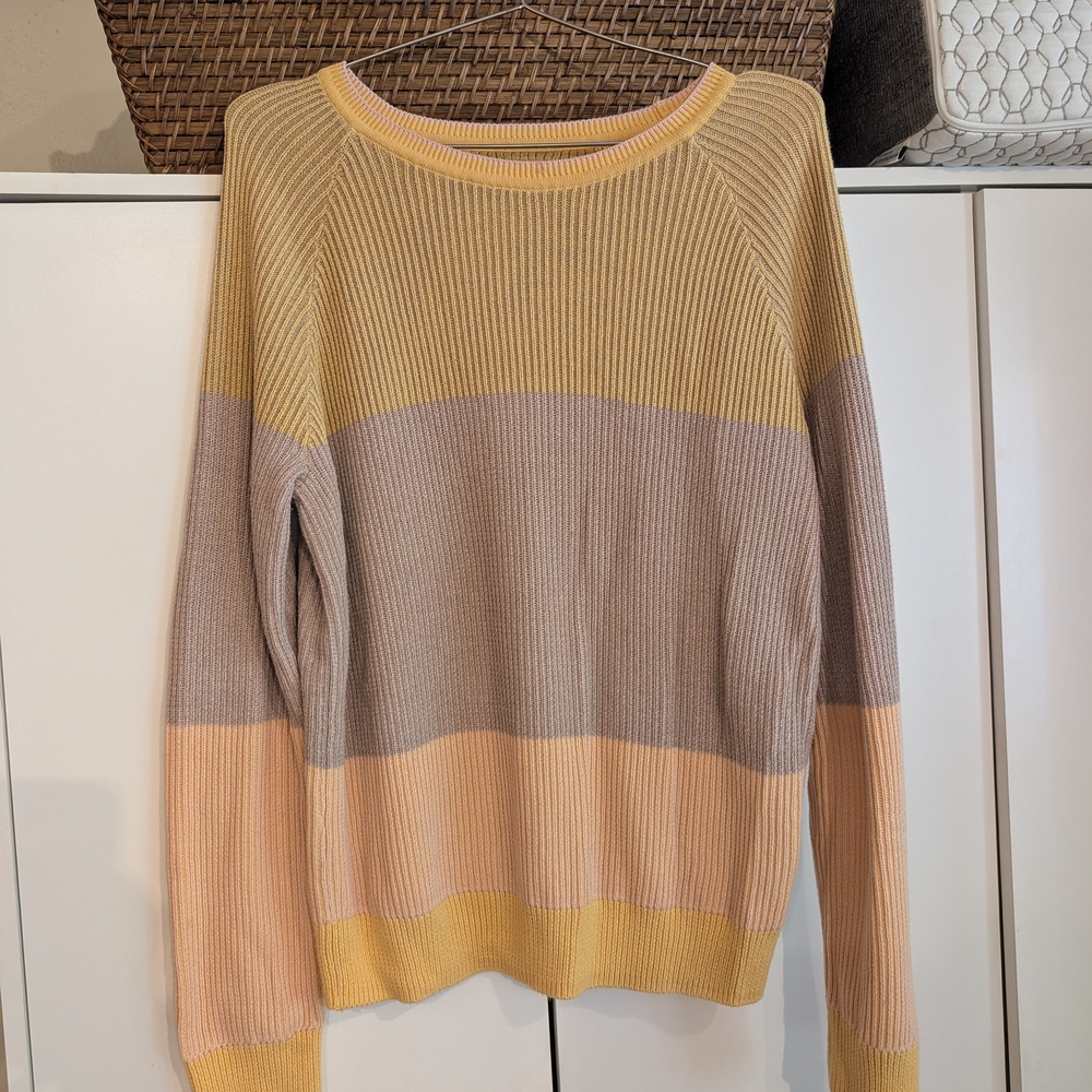 Prana Yellow and Gray Crew Neck Sweater with Color Block Design